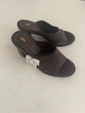 Zara Dark Brown Suede Open-Toe Block Heel Mules